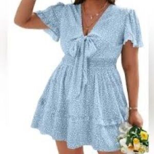 Simplee Plus Light Blue Mini Dress Tie Front Lightweight Summer Animal Print 2XL